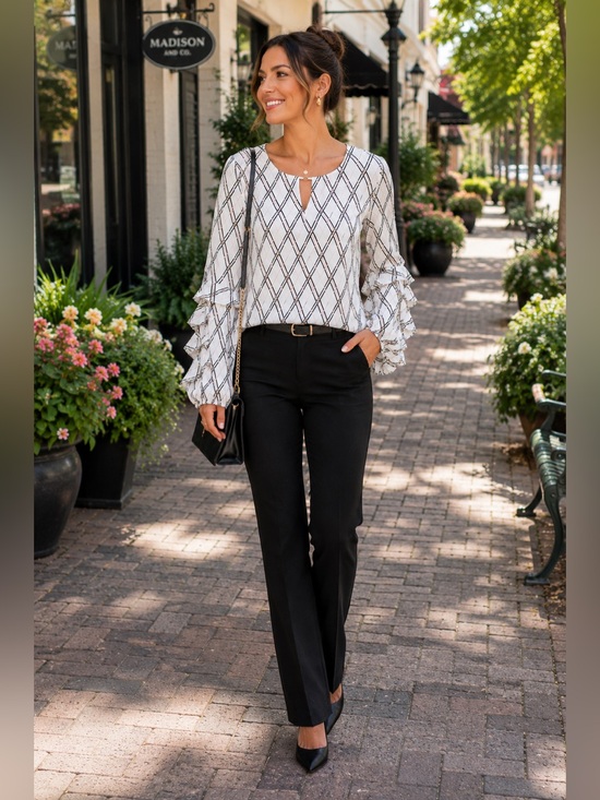 White House Black Market Tops - White House Black Market Plaid Ruffle Sleeve Blouse Size M